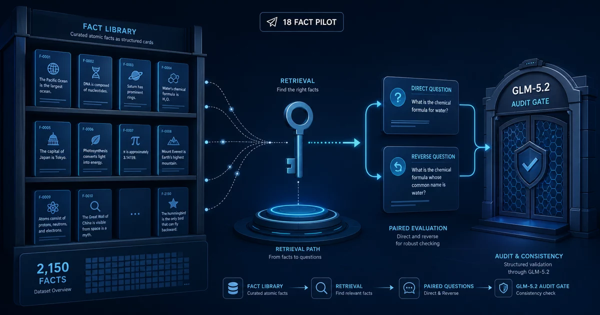 Fact library feeding a retrieval key and paired direct and reverse questions into a GLM-5.2 audit gate