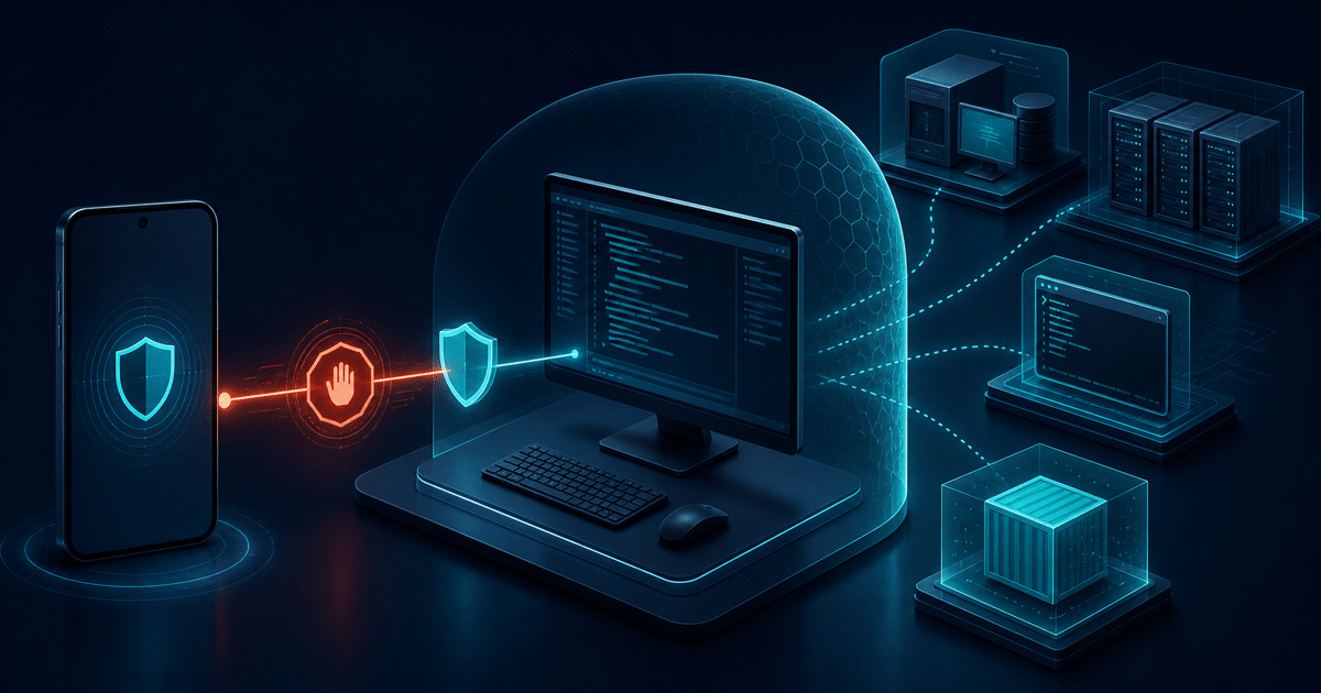 Phone control surface connected through a temporary authorization path to a protected desktop coding workspace, while local, remote, WSL, and container runtimes remain behind the desktop boundary